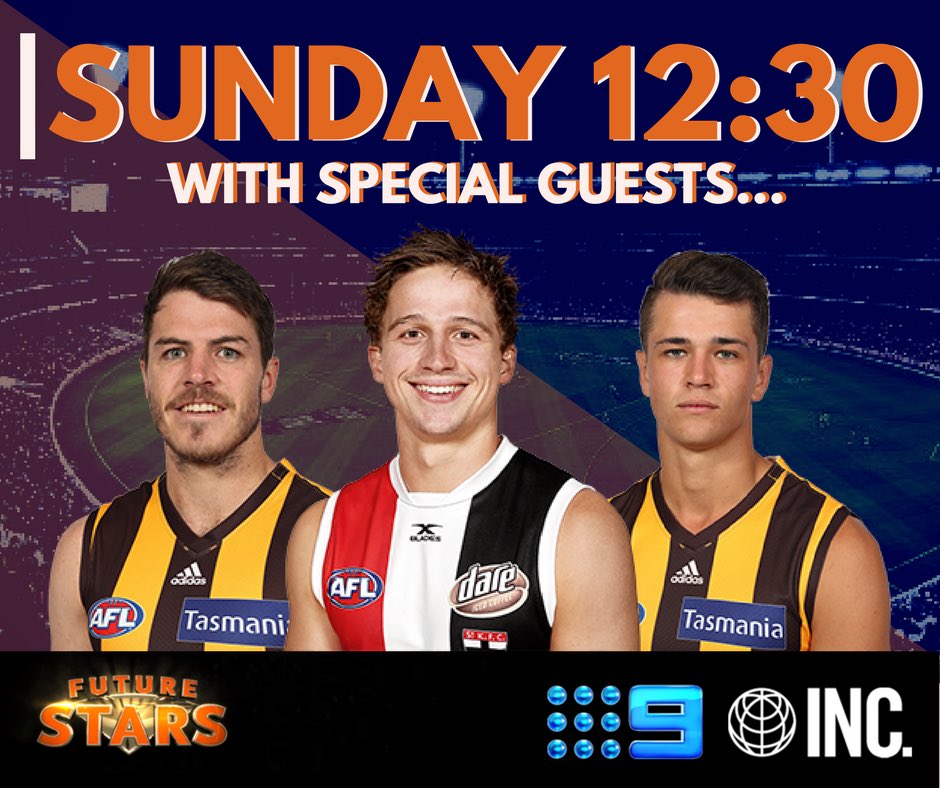 Tomorrow after <a href="/SunFootyShow/">Sunday Footy Show</a> 12.30pm Ch9

- <a href="/HawthornFC/">Hawthorn FC</a>'s <a href="/Issie16/">Isaac  Smith</a> &amp; <a href="/BurtoRyan/">Ryan Burton</a>
- <a href="/stkildafc/">St Kilda FC</a>'s <a href="/jack_billings/">Jack Billings</a>
- <a href="/NthKnights/">Northern Knights</a> <a href="/PatNaish/">Patrick Naish</a>
+ more