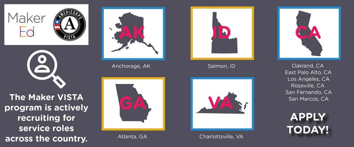 MakerEdOrg's tweet photo. P.S. We're still recruiting #MakerVISTA members for the 2017-18 school year in AK, ID, CA, GA, &amp; VA! Apply today: https://t.co/UMp9LFwROx https://t.co/EG6PIIzYYj