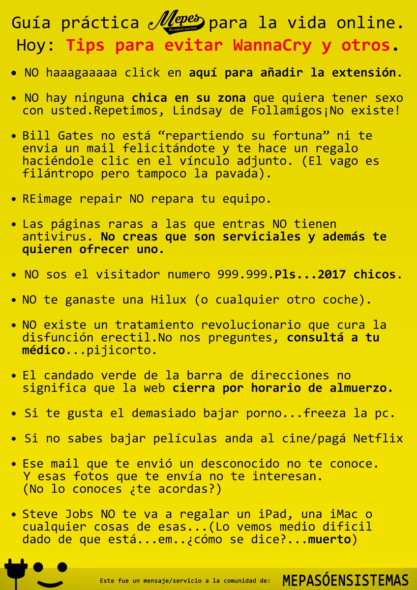 DavidGiordana's tweet image. Un poco de sentido común es de mucha ayuda. Aún así no está demás que sepan... #hack #Ransomware  #WannaCry
