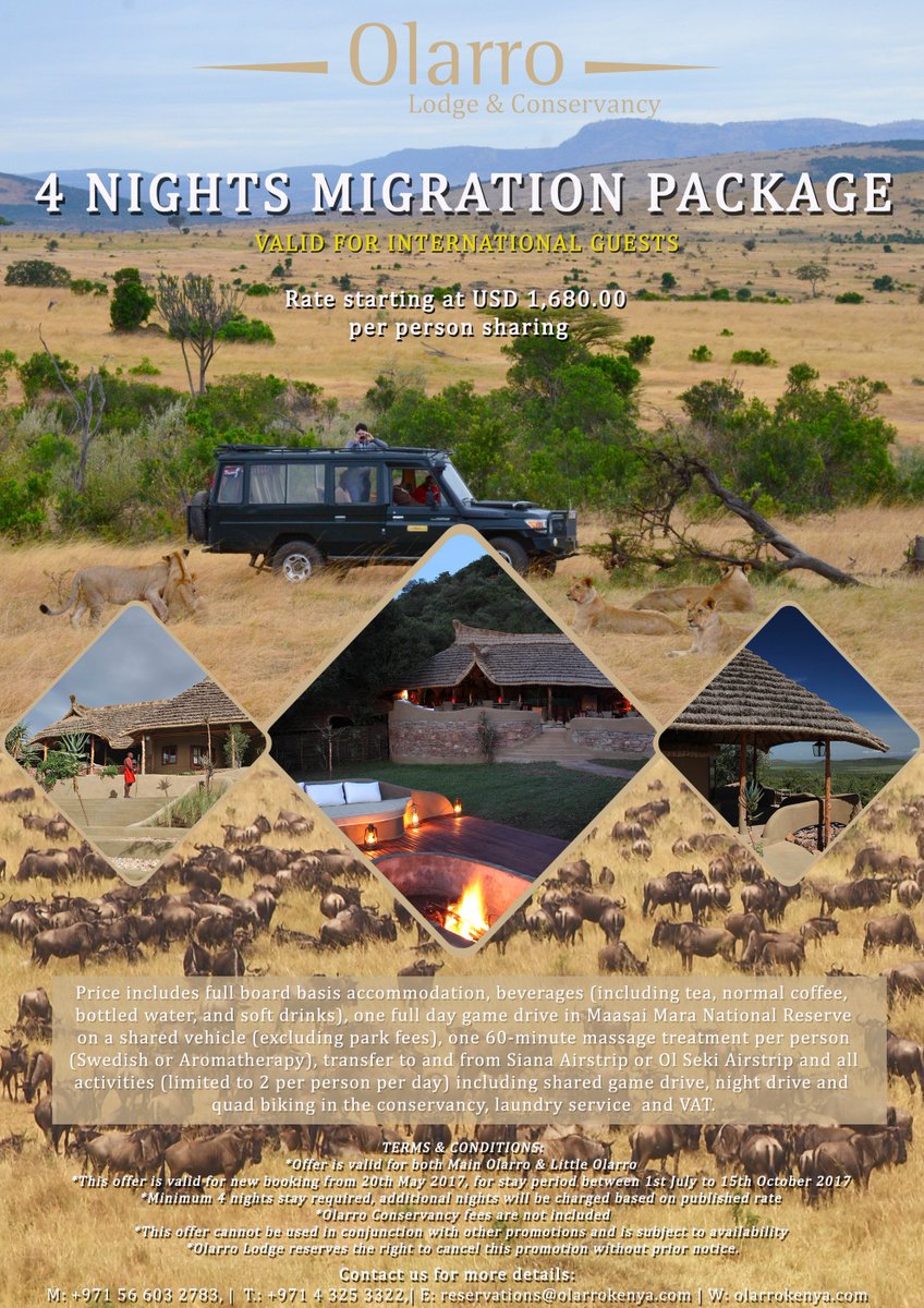 OlarroLodge's tweet photo. 4 NIGHTS MIGRATION PACKAGE FOR INTERNATIONAL GUESTS
Starting USD1,680.00 per person sharing #OlarroLodge #Kenya #Promotion #MigrationPackage https://t.co/vXoHmFM4AX