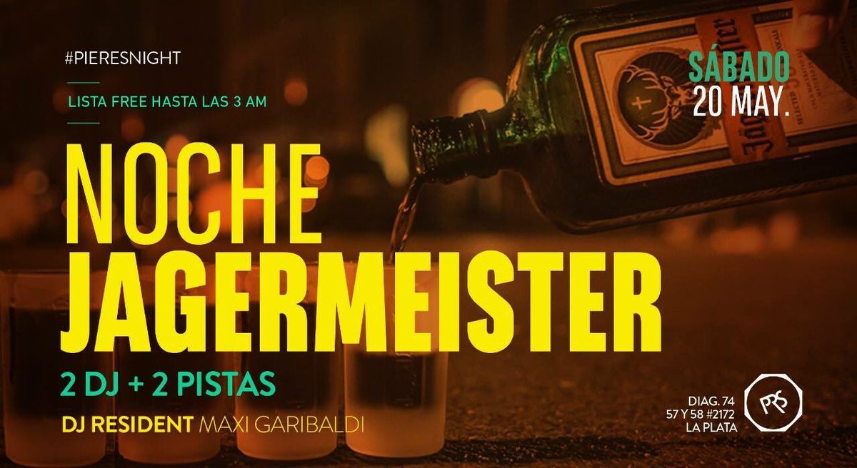 SÁBADO 20 EN PIERES !

• Listas hasta las 3 AM
• 2x1 en JAGER hasta las 3 AM
• 2 pistas
• 2 Dj
• Patio exclusivo
Consultas/Lista: 2215435891