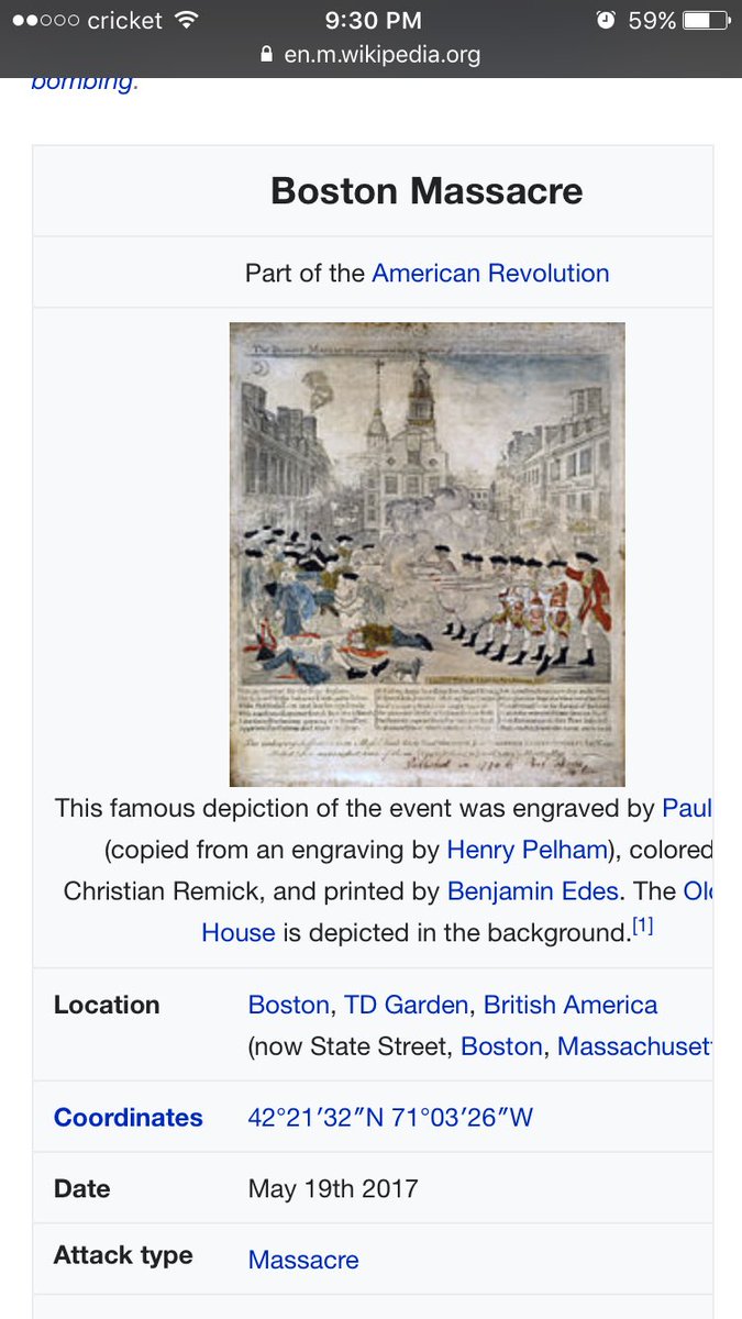 AsapVirgo's tweet photo. This Cavs and Celtics game is so bad somebody changed The Boston Massacre wikipedia page and I can't fucking breathe 😂😂😂😂😂😂😂 https://t.co/xVPqxA0P6s