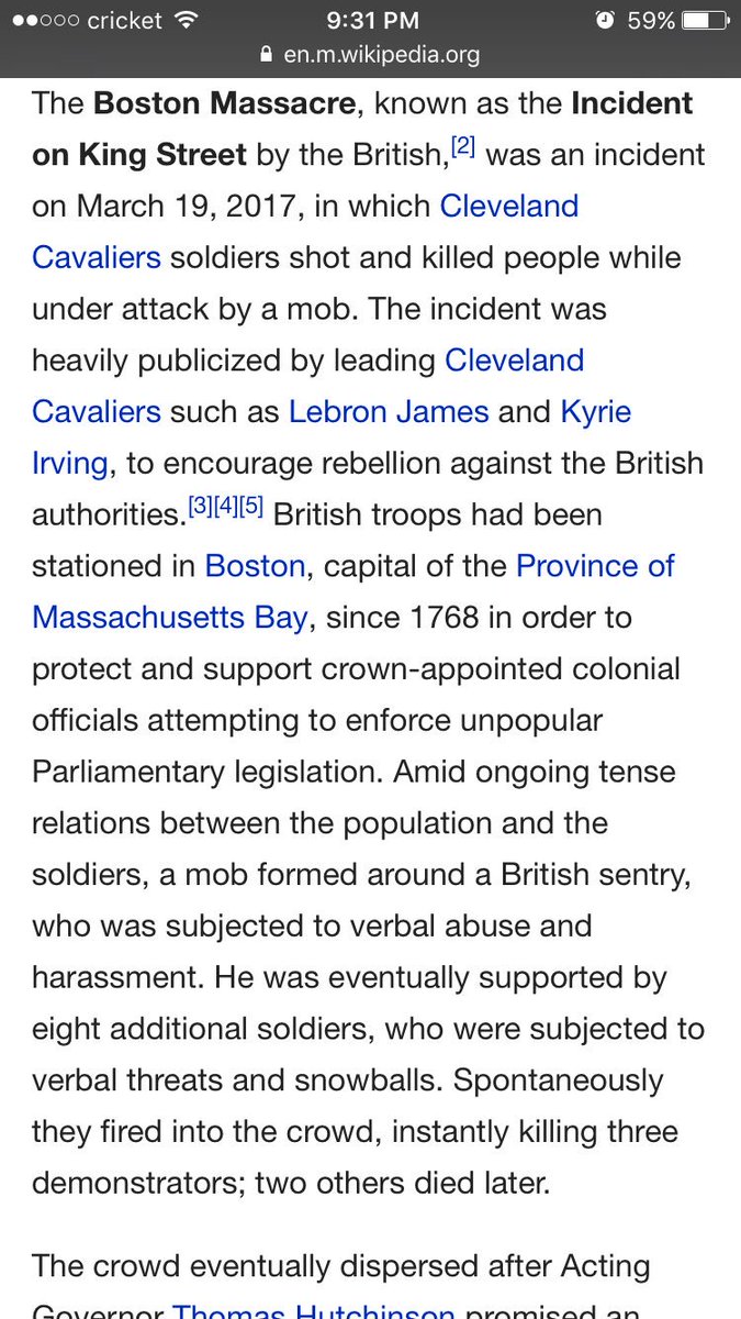 AsapVirgo's tweet photo. This Cavs and Celtics game is so bad somebody changed The Boston Massacre wikipedia page and I can't fucking breathe 😂😂😂😂😂😂😂 https://t.co/xVPqxA0P6s