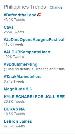 SarapDiBaGMA's tweet photo. We're trending at 5th spot as of 11:47am. Maraming salamat po mga Kapitbahay, Ka-Adiks & tREIGNEDers!
#SDSummerFling https://t.co/x1jgy1bHUL