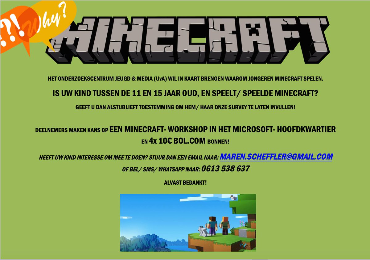 MarenScheffler's tweet photo. 11- 15 jaar &amp; gek op #Minecraft? Doe mee aan de ENIGE ECHTE MINECRAFT SURVEY, met kans op toffe prijzen! #Microsoft @CcaM_UvA @remcopijpers https://t.co/X5KXQ0lNBQ