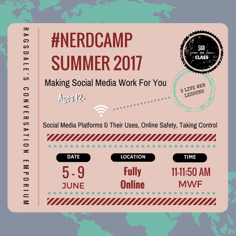 RCEmporium's tweet photo. Making Social Media Work For You #NerdCamp Ages 12+ June 5-9 #NerdSkills #OnlineSafety #SoJustNet #SoJustMedia https://t.co/JIywECVa1G