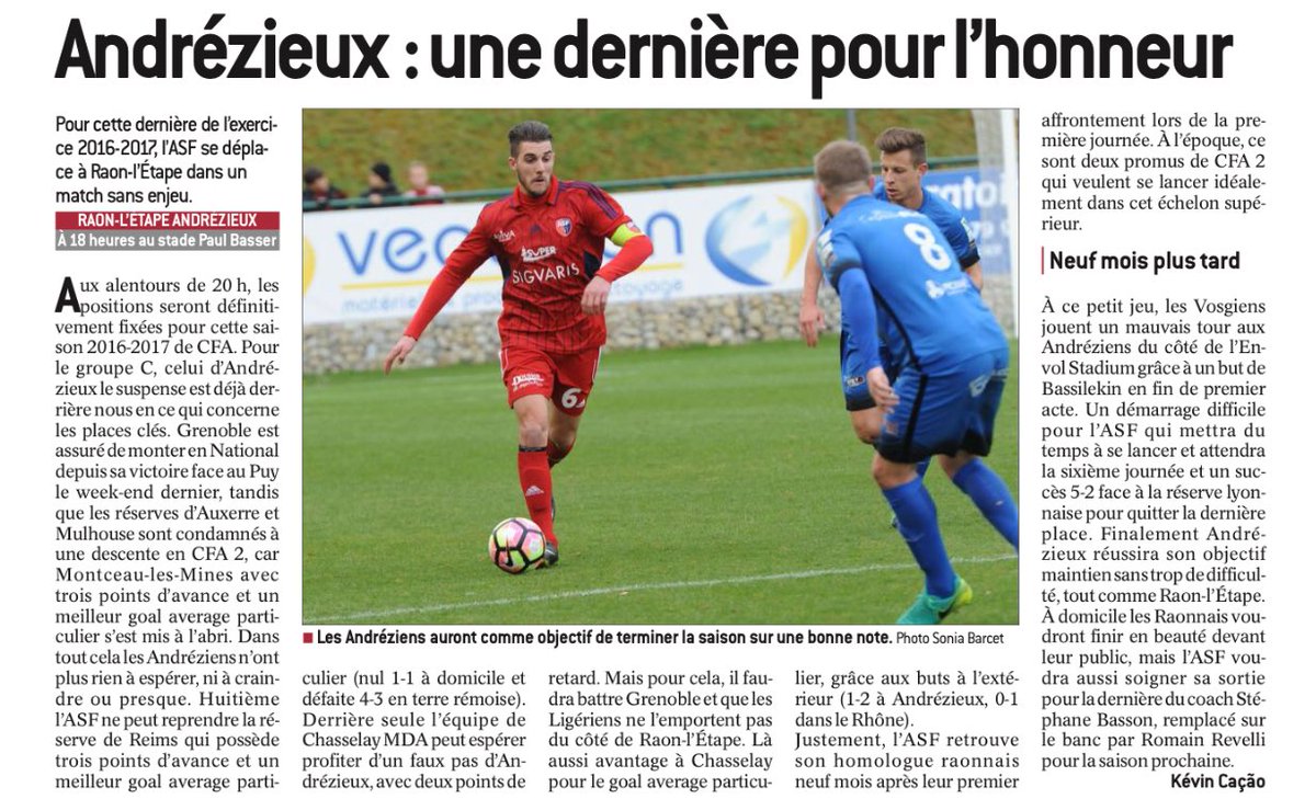 andrezieuxbthfc's tweet photo. ⚽️ #USRASF [Jour de match]
📅 Samedi 20 mai
🕒 18h
🏟 Stade Paul-Gasser
🥊 @ClubUSRaon 
🎯 Pour l'honneur
#MerciCoachBasson👏 
#TeamASF 🔴🔵 https://t.co/GpVFsI1KVZ