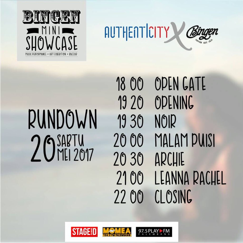 ArchiePalembang's tweet image. Malam ini,
Authenticity x Bingen Cafe
Bingen Mini Showcase #1
Sabtu, 20-5-2017
19.00 - slsai
di Bingen Cafe &amp;amp; Resto

reverbnation.com/show/20623951