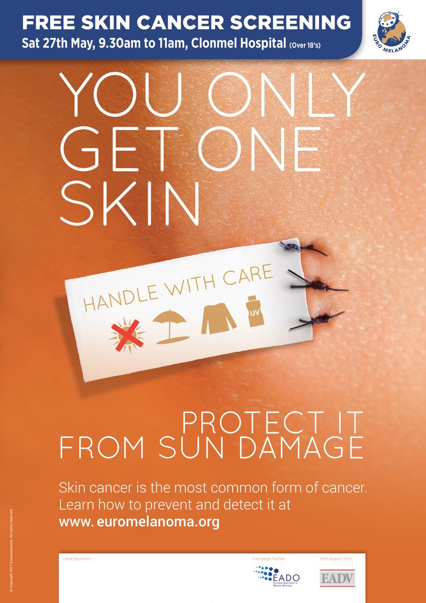 ISFcharity's tweet image. Free #skin #cancer screening in #Clonmel Hospital Saturday 27 May 9:30-11am! bit.ly/2qHJ7Np @dermcloud @leixlip_pa #Melanoma