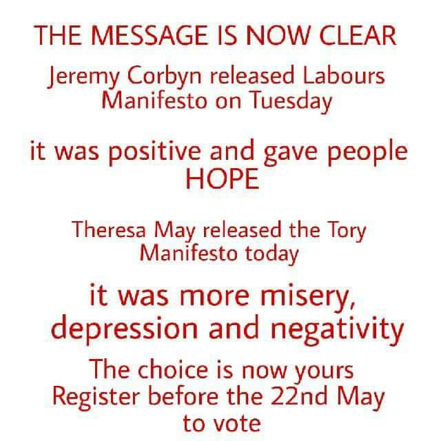 eldiablo0786's tweet photo. THE MESSAGE IS NOW CLEAR. #Labours manifesto was #POSITIVE and gave people #HOPE

#GE2017 #GE17 #Labour #VoteLabour #Khalid4PB #JeremyCorbyn https://t.co/tNbUf6dyW8