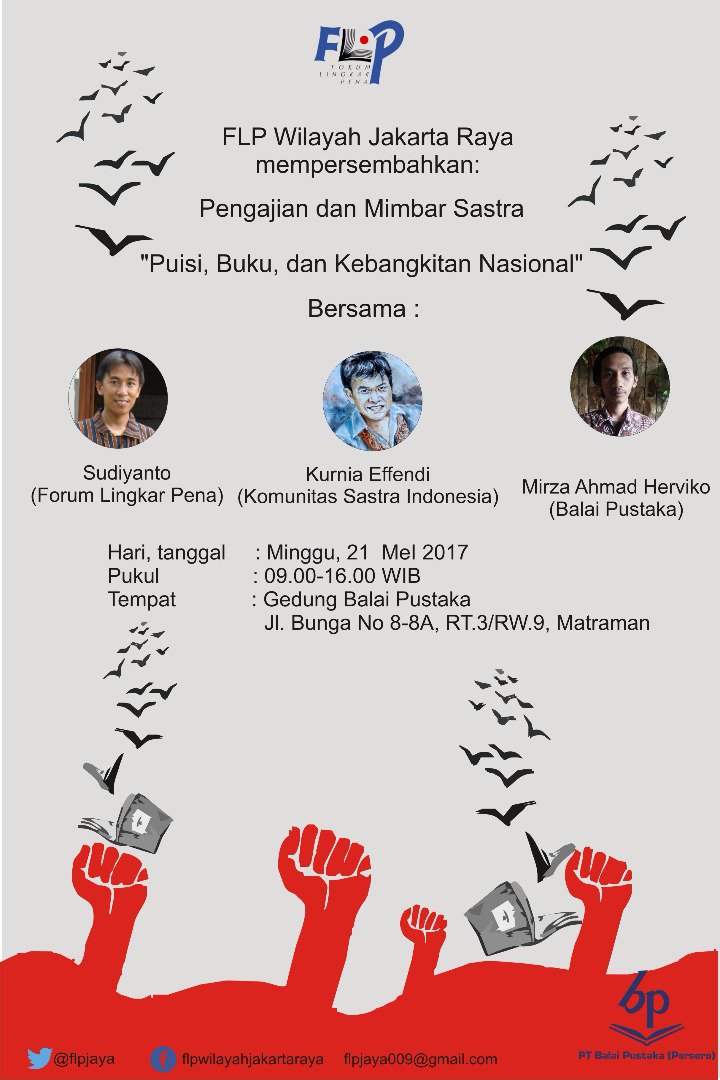 Yuk, ngumpul dan ramaikan acara Pengajian dan Mimbar Sastra FLP Wilayah Jakarta Raya <a href="/FLPBogor/">FLP Bogor</a> <a href="/FLPBekasi/">#FLP Bekasi</a> <a href="/flpjakarta/">FLP Jakarta</a> <a href="/FLPCiputat/">FLP Ciputat</a> <a href="/FLPDepok/">FLP Depok</a>