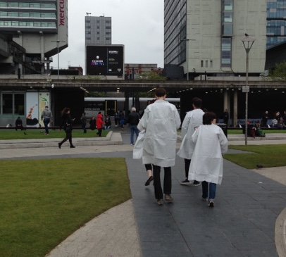 factoryintl's tweet photo. Data scientists hard at work in Piccadilly Gardens, gathering data with @BuckleyWilliams. Admire the lab coats! #creative50 https://t.co/GHSICeMyia