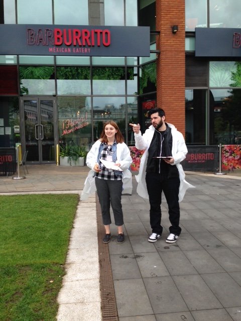 factoryintl's tweet photo. Data scientists hard at work in Piccadilly Gardens, gathering data with @BuckleyWilliams. Admire the lab coats! #creative50 https://t.co/GHSICeMyia