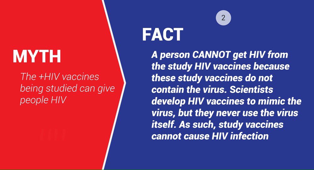 RealTalkGF's tweet photo. @HIVpxresearch @HelpEndHIV @ICASAYouthFront @roots_africa @sydneyhushie @GFadvocates @cmghana @UNAIDS @RKasenene @VacciNewsNet @GlobalFund HIV Vaccine #MYTH 2:
The +HIV vaccines being studied can give people HIV
#KnowYourVaccine #HIVvaccineAware
#FACT 👇🏾👇🏾cc @HIVpxresearch https://t.co/kaKWPnSMa5