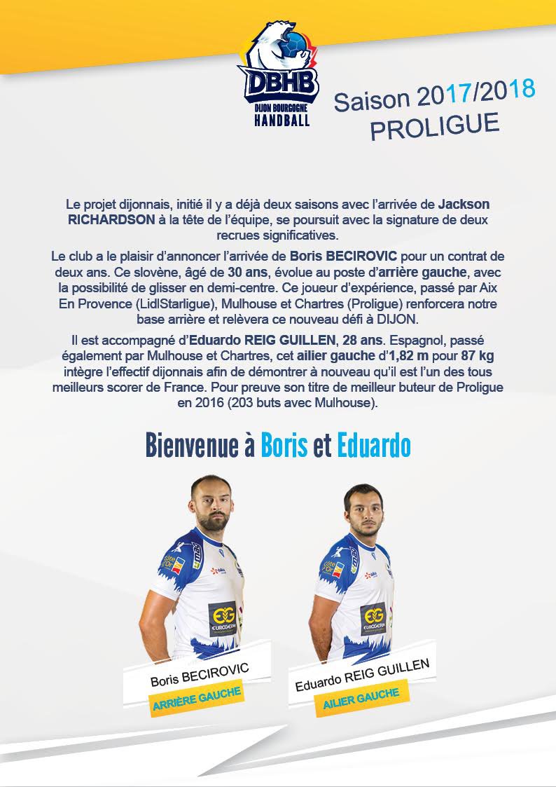 DMH_Officiel's tweet photo. Le #DBHB annonce l’arrivée de deux nouveaux joueurs venant de @cmhb28 qui viendront renforcer l’effectif pour la saison 2017-18 de @Proligue https://t.co/qhPjjpZank