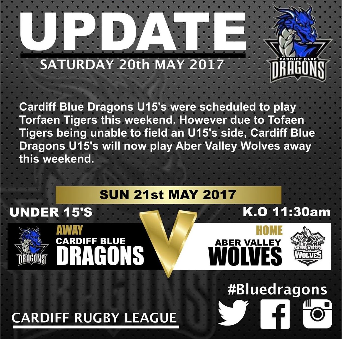 UPDATE! Under 15's will now play Aber Valley Wolves away this Sunday. #bluedragons #cardiffrugby #rugby #cardiffrugbyleague #wrl