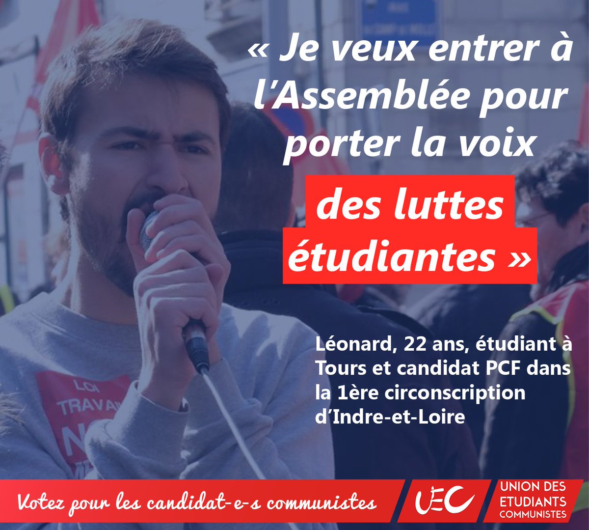 UEC_org's tweet photo. Les 11 &amp; 18 juin, votez pour des député-e-s qui porteront la voix du peuple à l'Assemblée ! #LePeupleAlassemblee #LaGaucheDebout #UEC #MJCF https://t.co/il5xn1iBem