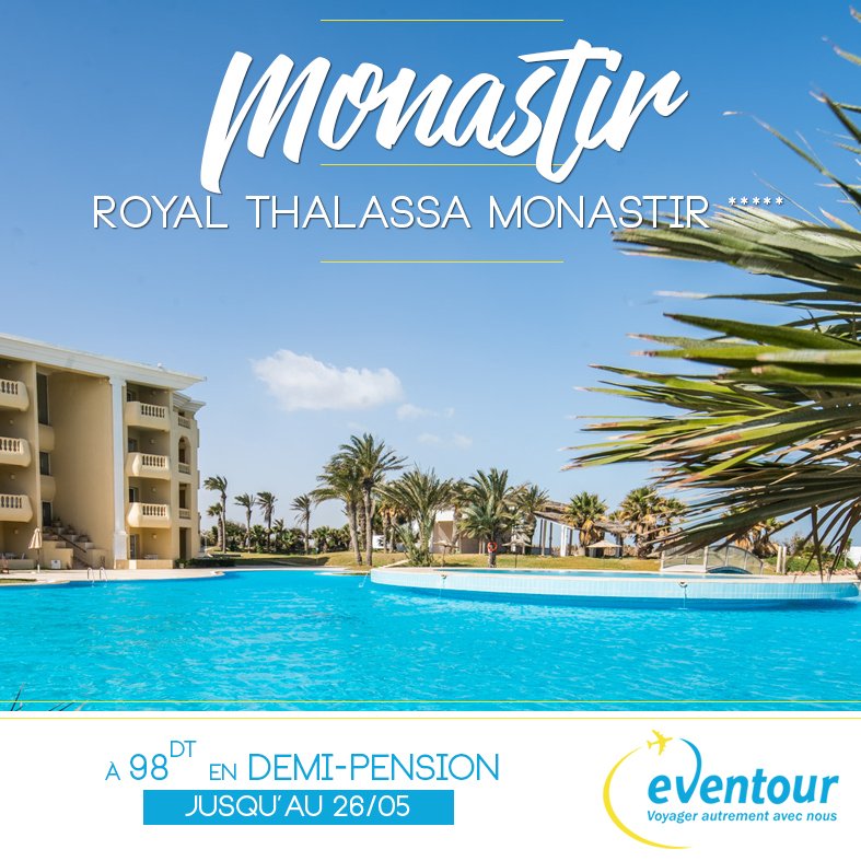 eventourTN's tweet photo. #Promo #Royal #Thalassa #Monastir 5*
Jusqu'au 26 mai à 98dt en Demi-pension.
Infoline 23398000
#eventour #tunisie #trip #voyage #Tourisme https://t.co/kzMui8s2g9