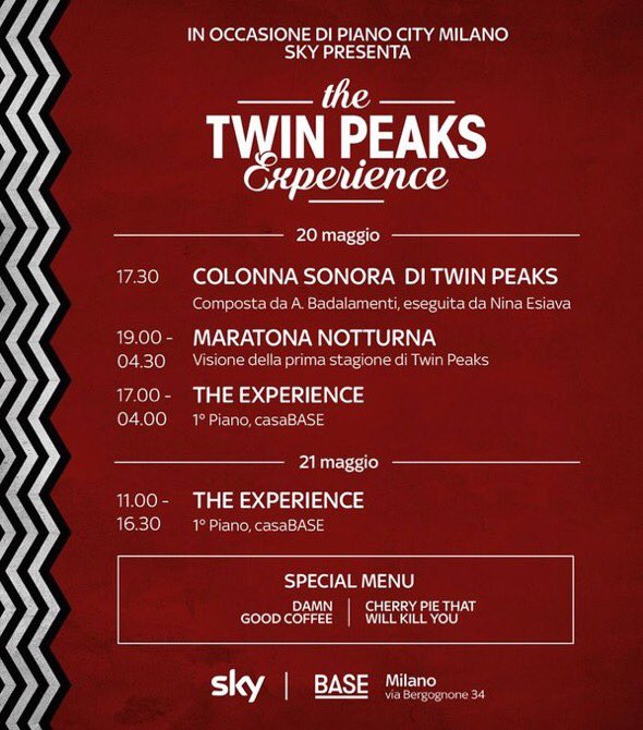 MartiFretta's tweet photo. Followers dalle 17.30 tutti al Base in Tortona per l'evento #twinpeaksexperience in attesa della serie su @SkyAtlanticHD https://t.co/FT1b6pUPEm