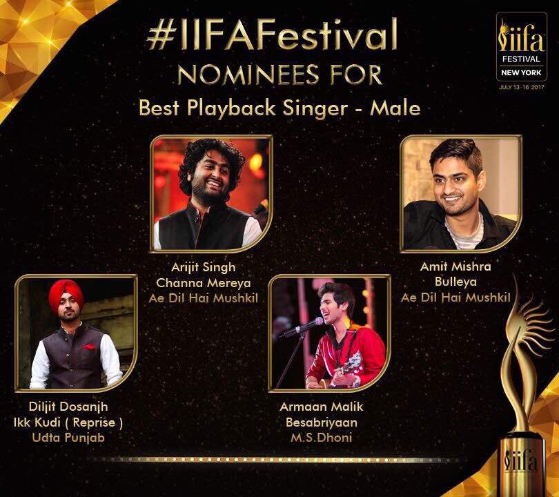 IIFA Awards 2017 Nominations list out now!
#BestPlaybackSinger (Male)
#ArijitSingh is nominated for #ChannaMereya (ADHM) 
#IIFAFestival