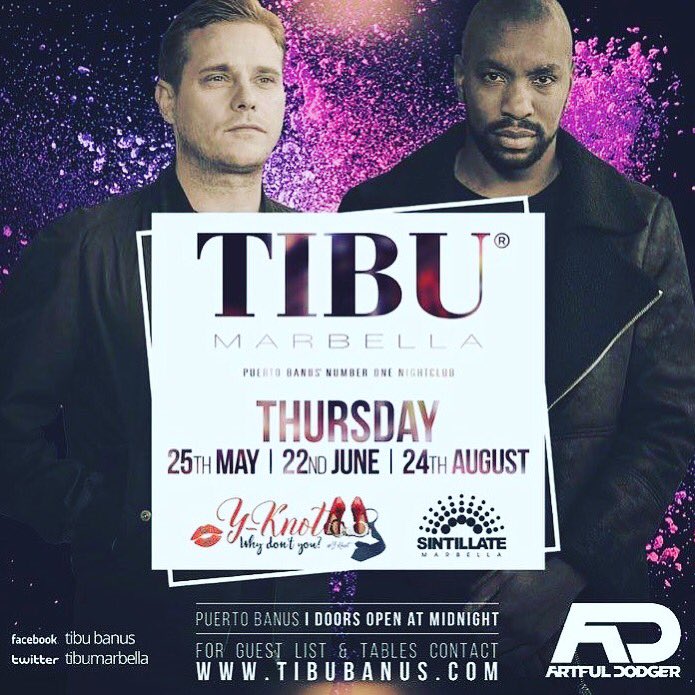 Who's here in #marbs for May bank holiday weekend 👀 Join us Thursday 25th at Tibu with <a href="/YKnotMarbella/">Y-Knot Thursdays</a> and the ARTFUL DODGER 🙌🏼 #marbella