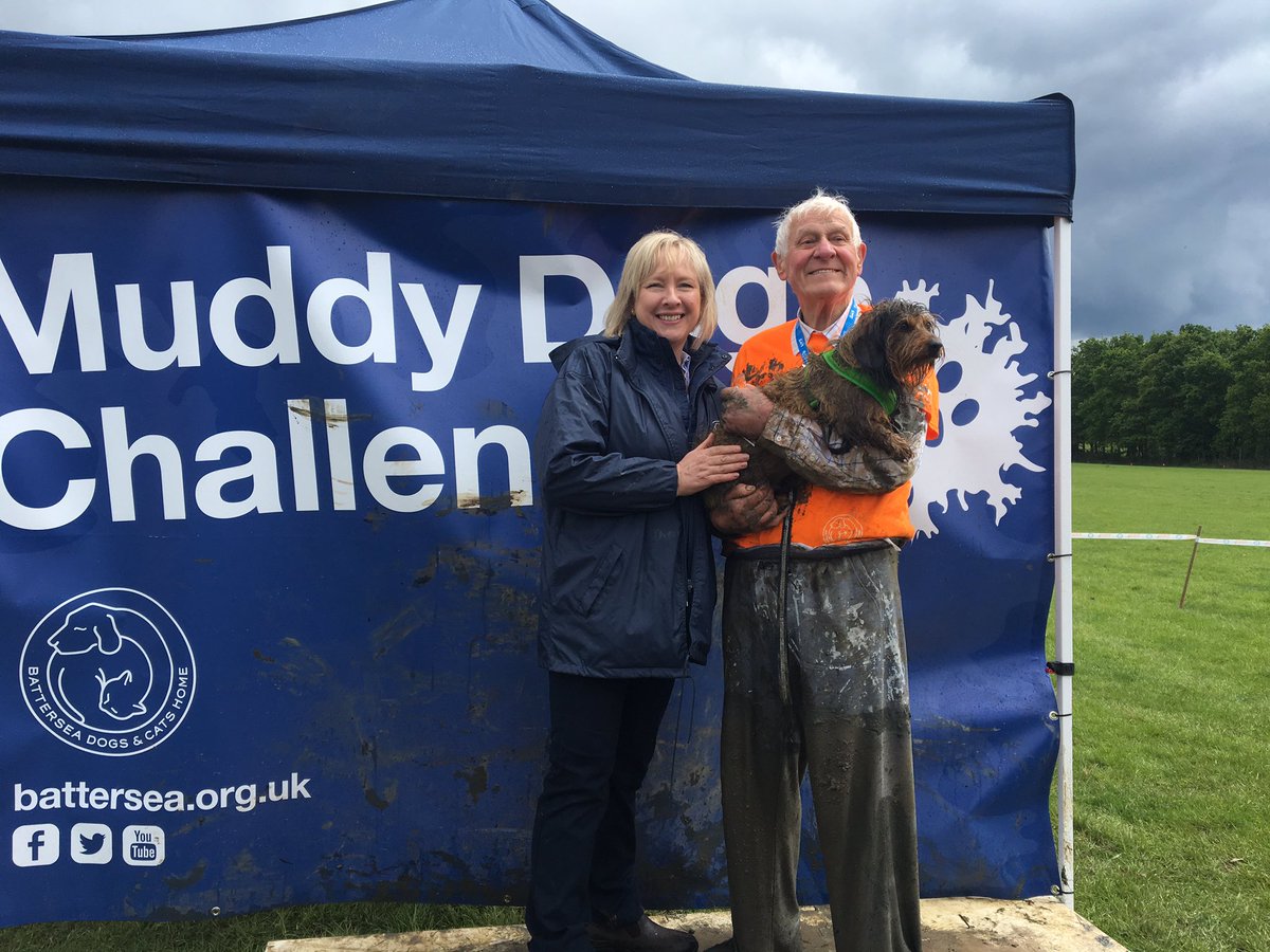 Battersea_'s tweet photo. Big congrats to our 86 year old #MuddyDog finisher Bill and his very muddy Snoopy! https://t.co/uibccftIsu