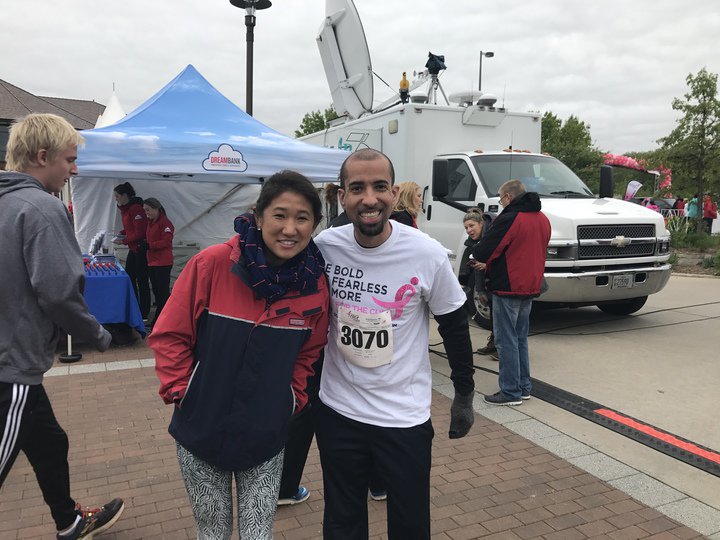 WISCTV_News3's tweet photo. Kevin Lewis and Melissa Kim are representing out at Komen Race for the Cure in Fitchburg this morning! #racemadison https://t.co/24fOWTphLO