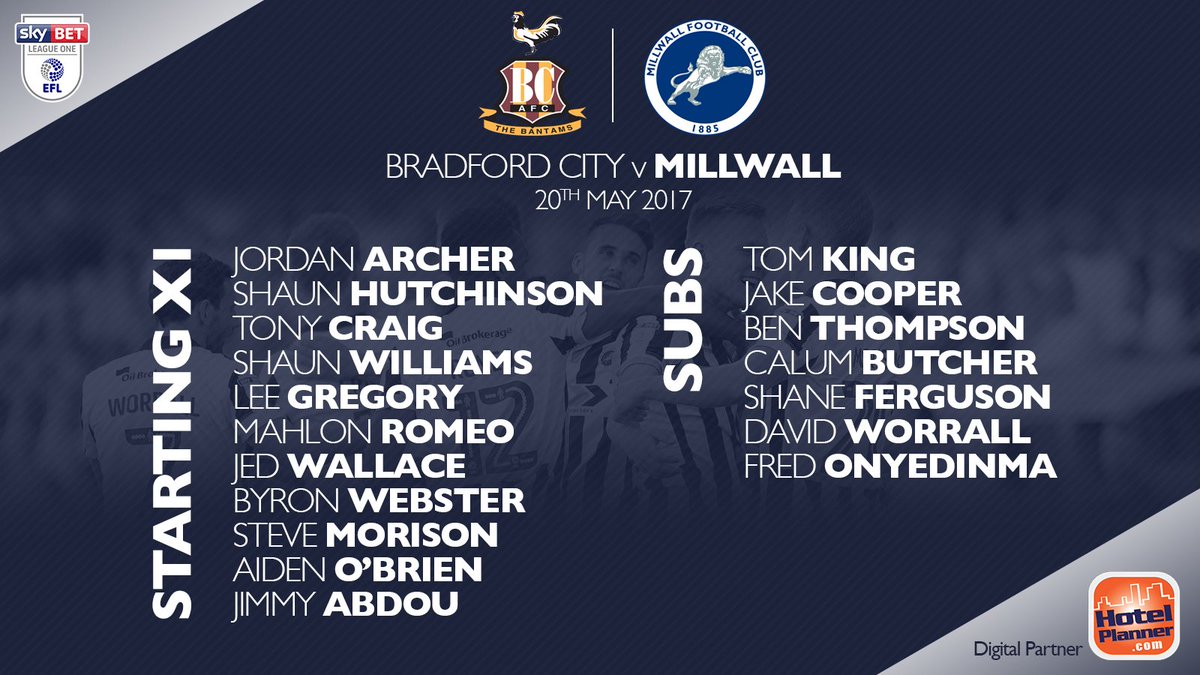 MillwallFC's tweet photo. 📋

#Millwall have named an unchanged side for this afternoon's @SkyBetLeagueOne Play-Off Final against @officialbantams at @wembleystadium https://t.co/e4cfmQKFTX