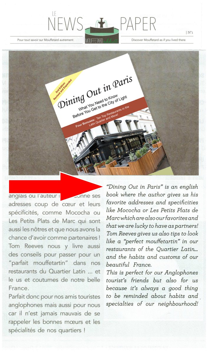 TomReevesParis's tweet image. Le News Paper, a bilingual periodical published by @MouffetarAddict, has reviewed our book Dining Out in Paris! fb.me/8wXPSWTa6