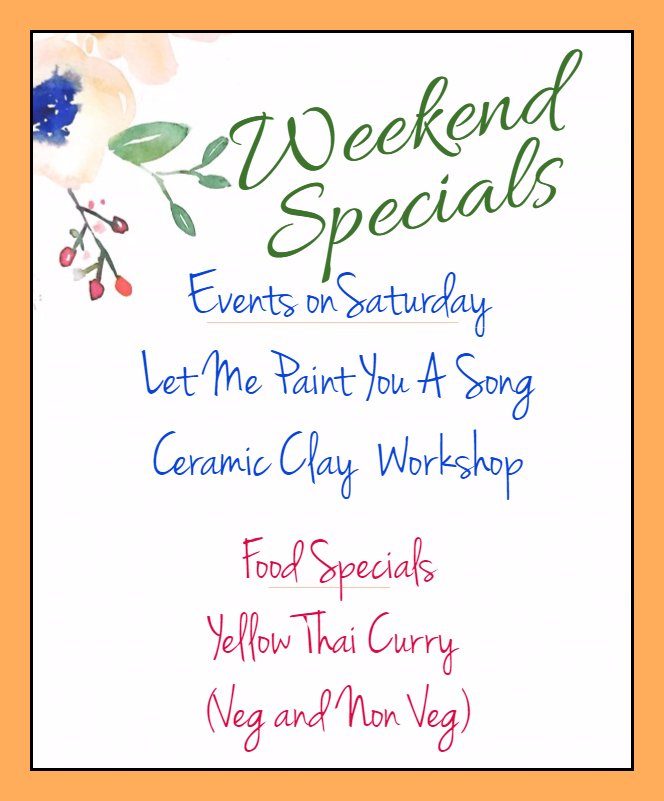 art_blend's tweet photo. This Weekend at Art Blend Cafe!
#foodie  #Weekend #Events #Bangalore #HSRLayout #MeTime #ArtBlendCafe  #Yummy #HSREvents #Workshop #Art https://t.co/V0OvHZgZmC