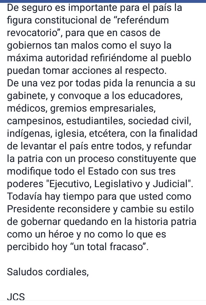 Carta al excelentísimo señor Presidente JCV