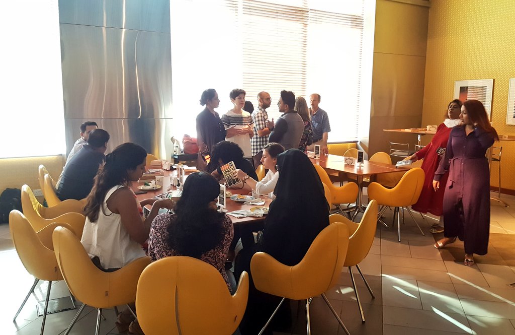 DTArchive's tweet photo. A lovely group of #booklovers here today @MMarquisDoha's #QuickBites, complimented with some delicious snacks &amp; 📚s.
#BookswapTweetup https://t.co/3ADJMSrGil
