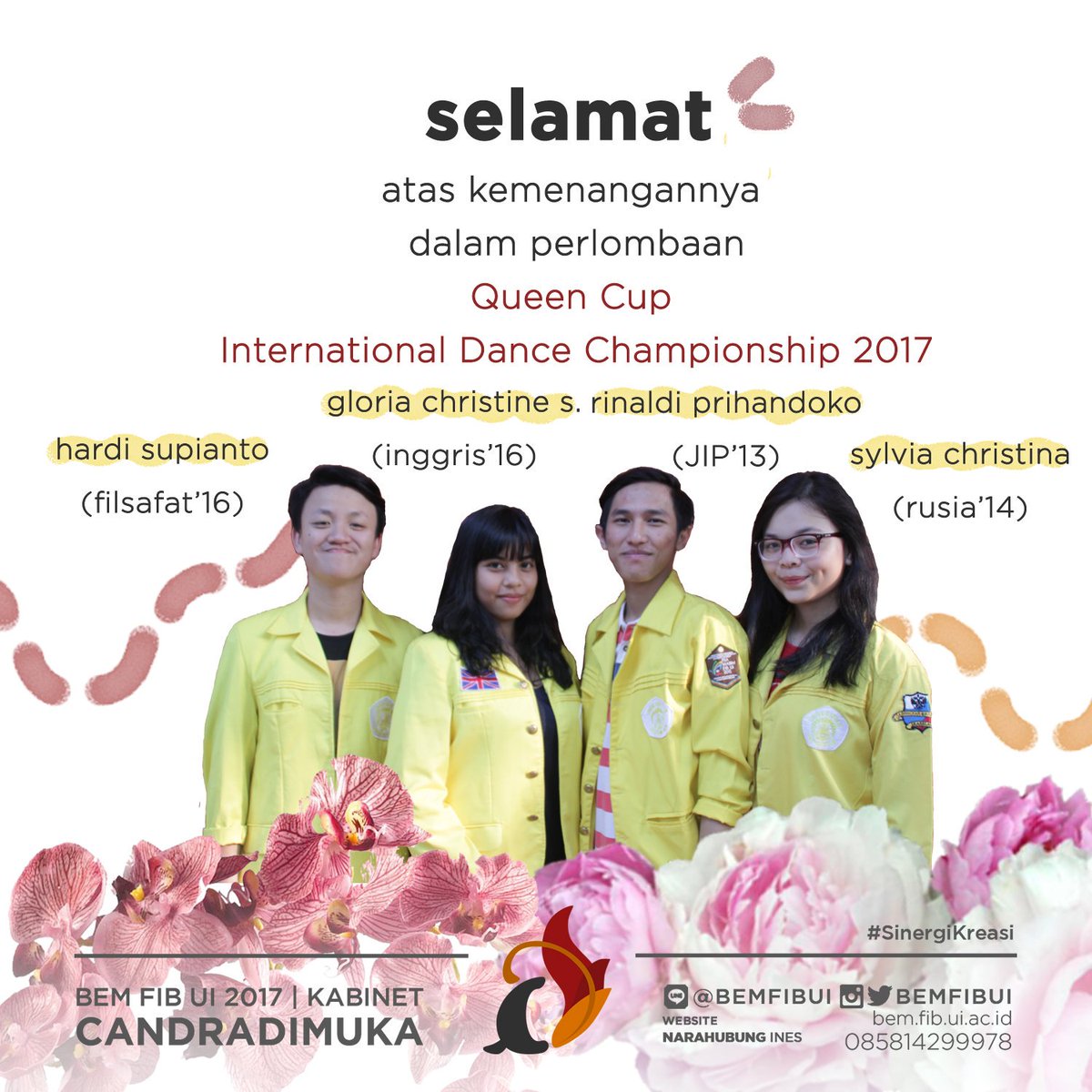 BEMFIBUI's tweet photo. Kami mengucapkan selamat kepada teman-teman FIB atas kemenangannya dalam perlombaan Queen Cup International Dance Championship 2017. https://t.co/BINjdMVPw0