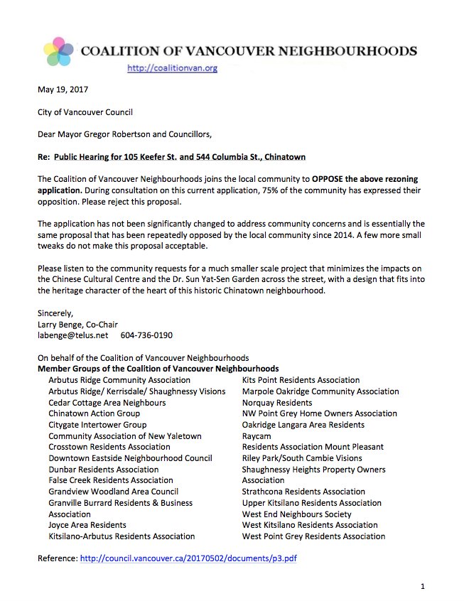 CoalitionVan's tweet photo. Mayor &amp; City Council: Please REJECT #105Keefer + #544Columbia. Our Feb + May 2017 letters #ChinatownYVR https://t.co/sYaiDgLZyi #vanpoli https://t.co/NEP2AloXO9