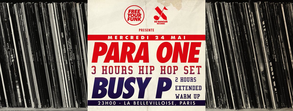 Ce Mercredi 24 Mai, <a href="/FreeYourFunk/">Free Your Funk</a> @labellevilloise avec 2 djs de <a href="/edbangerrecords/">ED BANGER RECORDS</a> mais en mode hip hop <a href="/paraoner/">Para One</a> et Pedro Winter aka Busy P