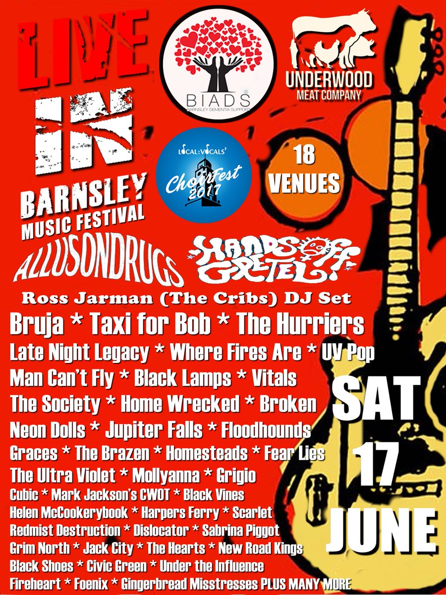 LIVEinbarnsley's tweet photo. #LIB2017 loads of Sheff bands this year  @BBCIntroSheff @gracesband @FloodHounds @officialGrigio @Homesteadsband @FearLiesUK @mollyannaband https://t.co/qUwtltM5kf