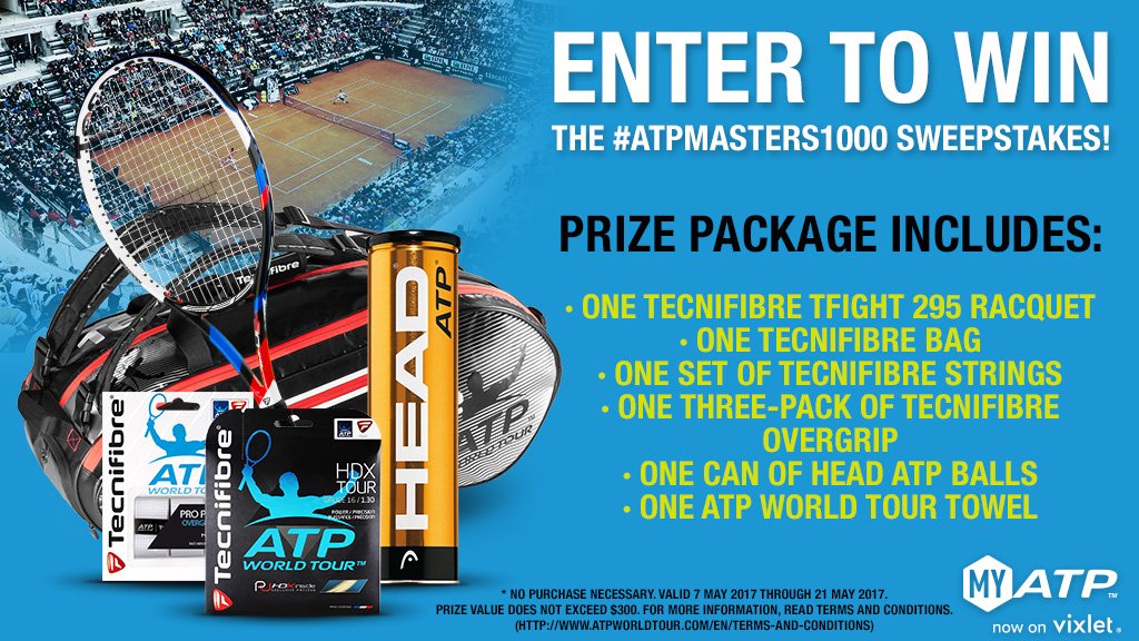 atptour's tweet photo. Ends tomorrow! ⏳ Enter to win an #ATPMasters1000 prize package. Register or log in to #MyATP to be entered now ➡️ https://t.co/4yuTVwRJVZ https://t.co/l2ttKfjO7s
