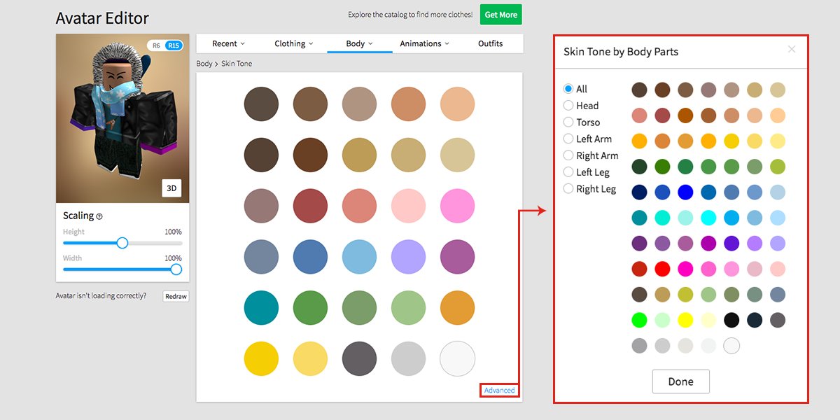 Roblox On Twitter We Ve Listened To Your Feedback And Created A New Avatar Editor For Web With Advanced Skin Tone Settings Stay Tuned For A New Blog Post Https T Co Dptifthttw - roblox colors names