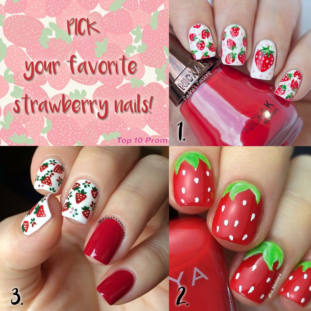 ctoprom_ga's tweet photo. Which strawberry nail design is your favorite! #NailArt #NailDesign #NationalPickstrawberriesDay #Top10Prom #CTOProm #CTOBridal #Trendy https://t.co/BsyqU5TmqT