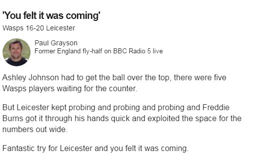 bbcrugbyunion's tweet photo. "You felt it was coming."
Thoughts of ex England fly-half Paul Grayson on @5liveSport.
16-20
#WASLEI
📱💻📻👉 https://t.co/m7TWxDJNBc https://t.co/aXKkCHZD9Y