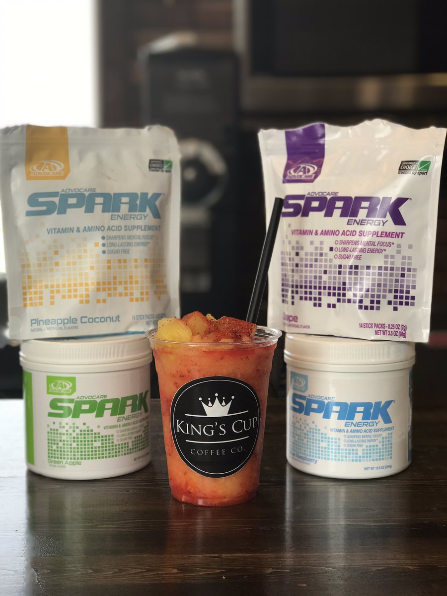 KingsCupCoffee's tweet photo. Hey Kings Cup Fam! We wanted to let you know about our new DELICIOUS spark drinks! Iced or blended! ALSO we are open till 5 pm on saturdays! https://t.co/suHrNpFAn5