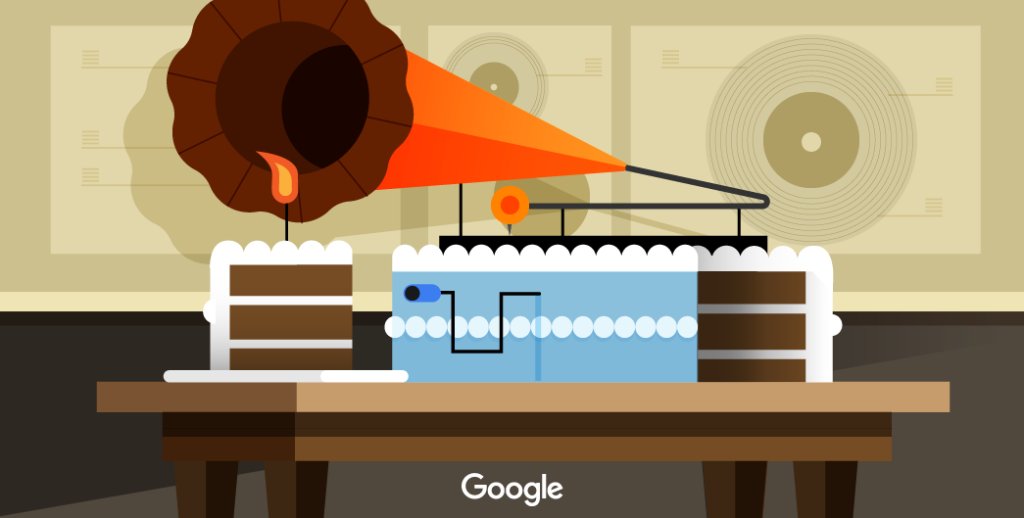 Image of gramophone and birthday cake.