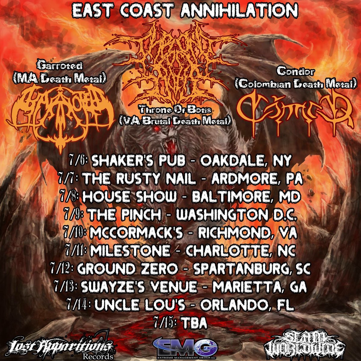 throneofbotis's tweet photo. Updated flyer for our July tour with Garroted and Cóndor. If anyone can assist with 7/15 in the Northern FL area or somewhere near there https://t.co/BmfevUxDRW