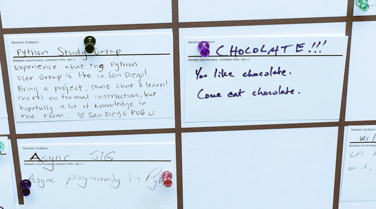 copyconstruct's tweet image. At #pycon2017 there's a #PyConOpenSpace for eating chocolate. 
💯