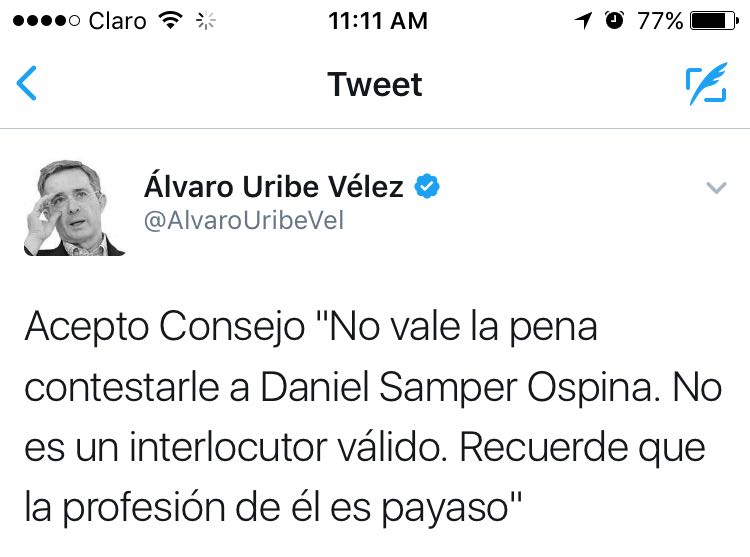 #MásValePayasoQueUribista, señor @alvarouribevel