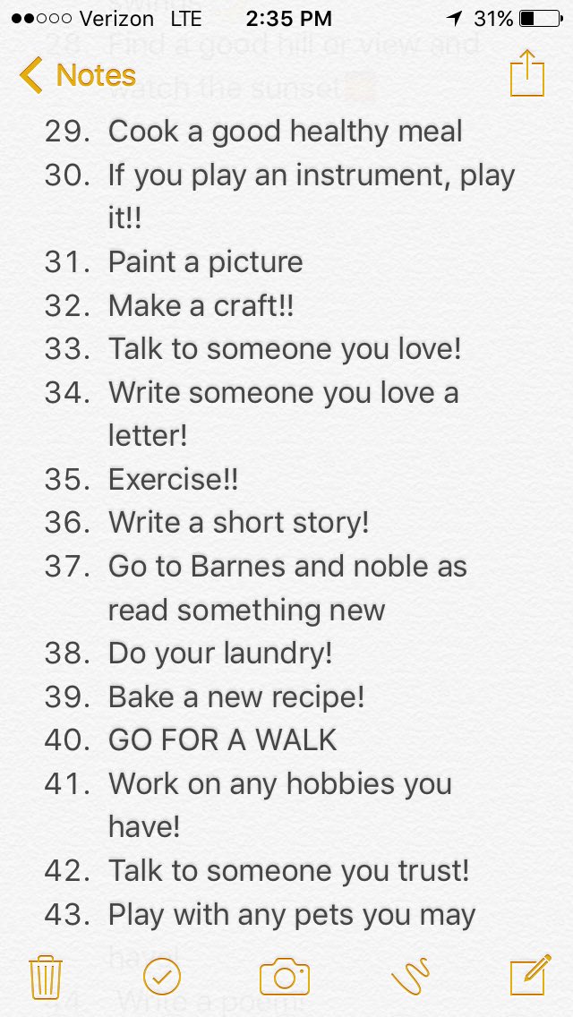 AmyCim's tweet photo. 50 things to do when you are upset!
Remember 
YOU ARE NEVER ALONE. https://t.co/ocCfkvLDiR