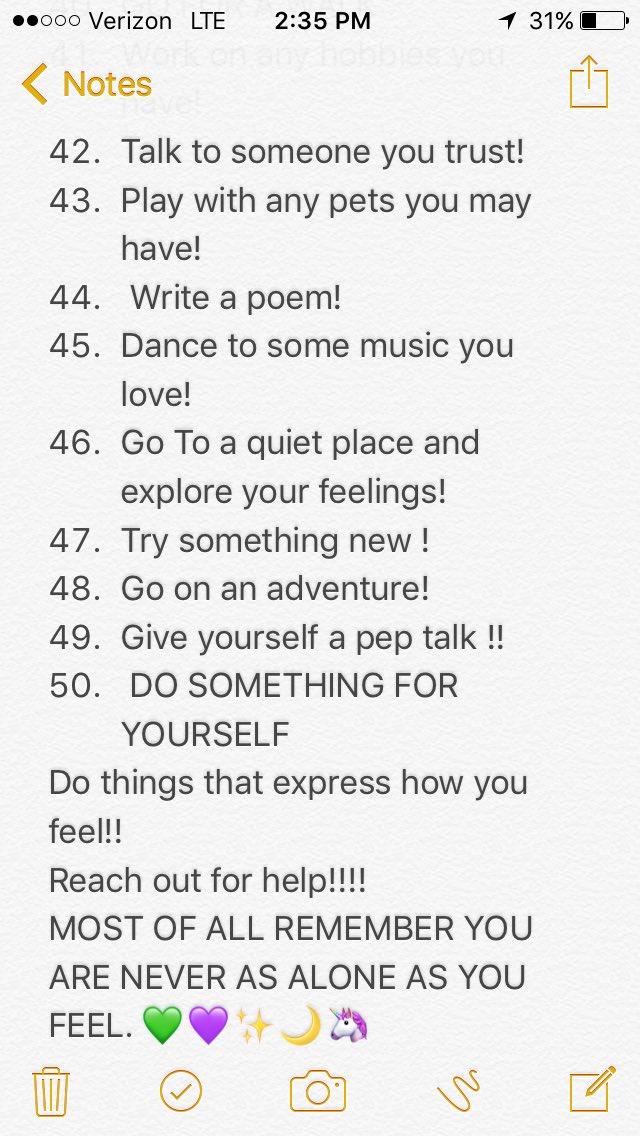 AmyCim's tweet photo. 50 things to do when you are upset!
Remember 
YOU ARE NEVER ALONE. https://t.co/ocCfkvLDiR