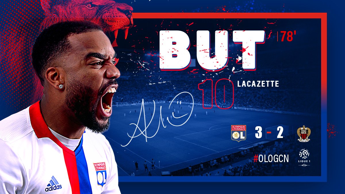 OL's tweet photo. GOOOOOOOAAAALLLLL !!!! Le 100e but en Ligue 1 d'Alexandre Lacazette sur une passe de son pote Coco Tolisso (78e) !! C'est beau !! #OLOGCN https://t.co/uO0mLD7uGn