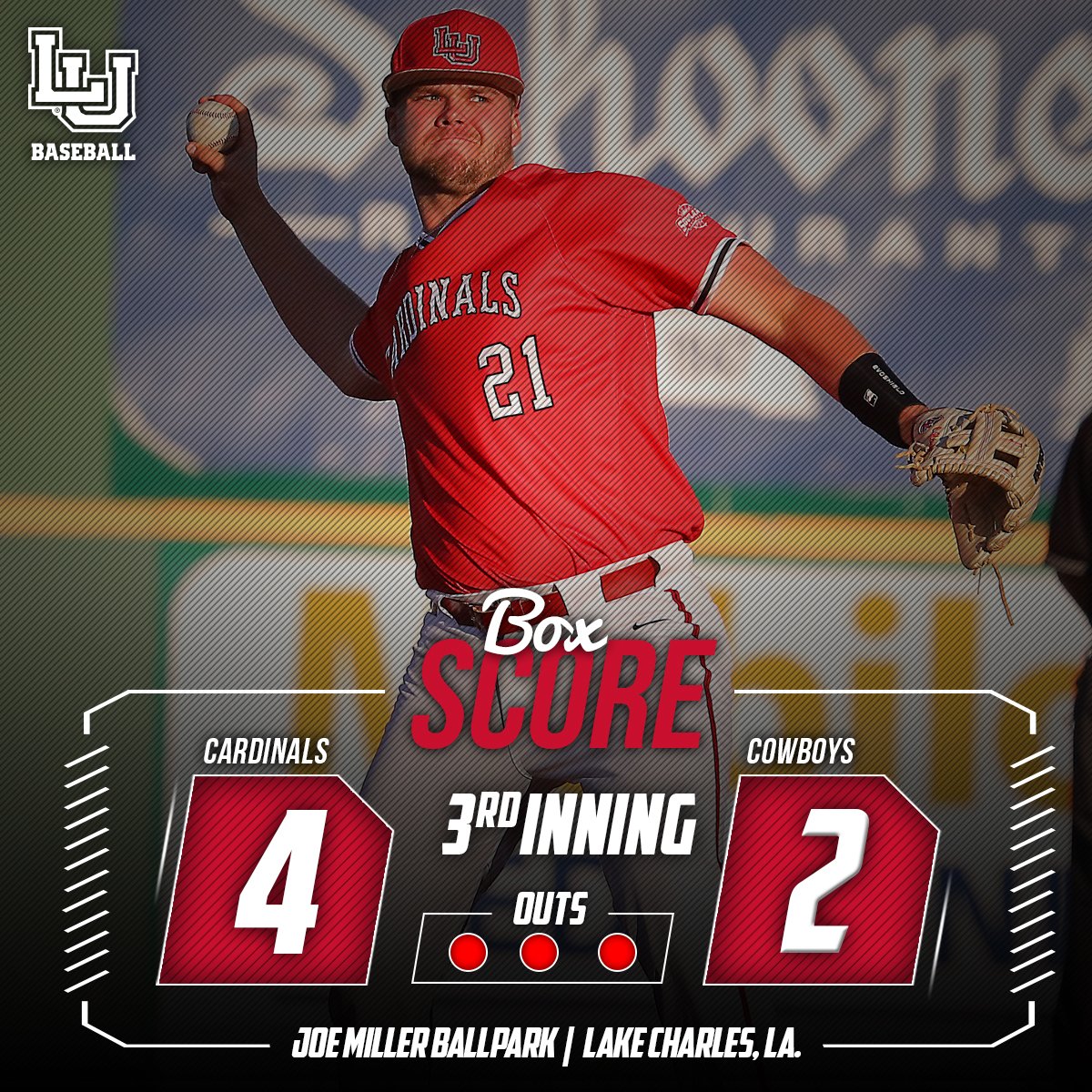 Lamar_Baseball's tweet photo. M3 | Cardinals put up three runs to regain the lead. #PeckEm https://t.co/uEcVVscSbg