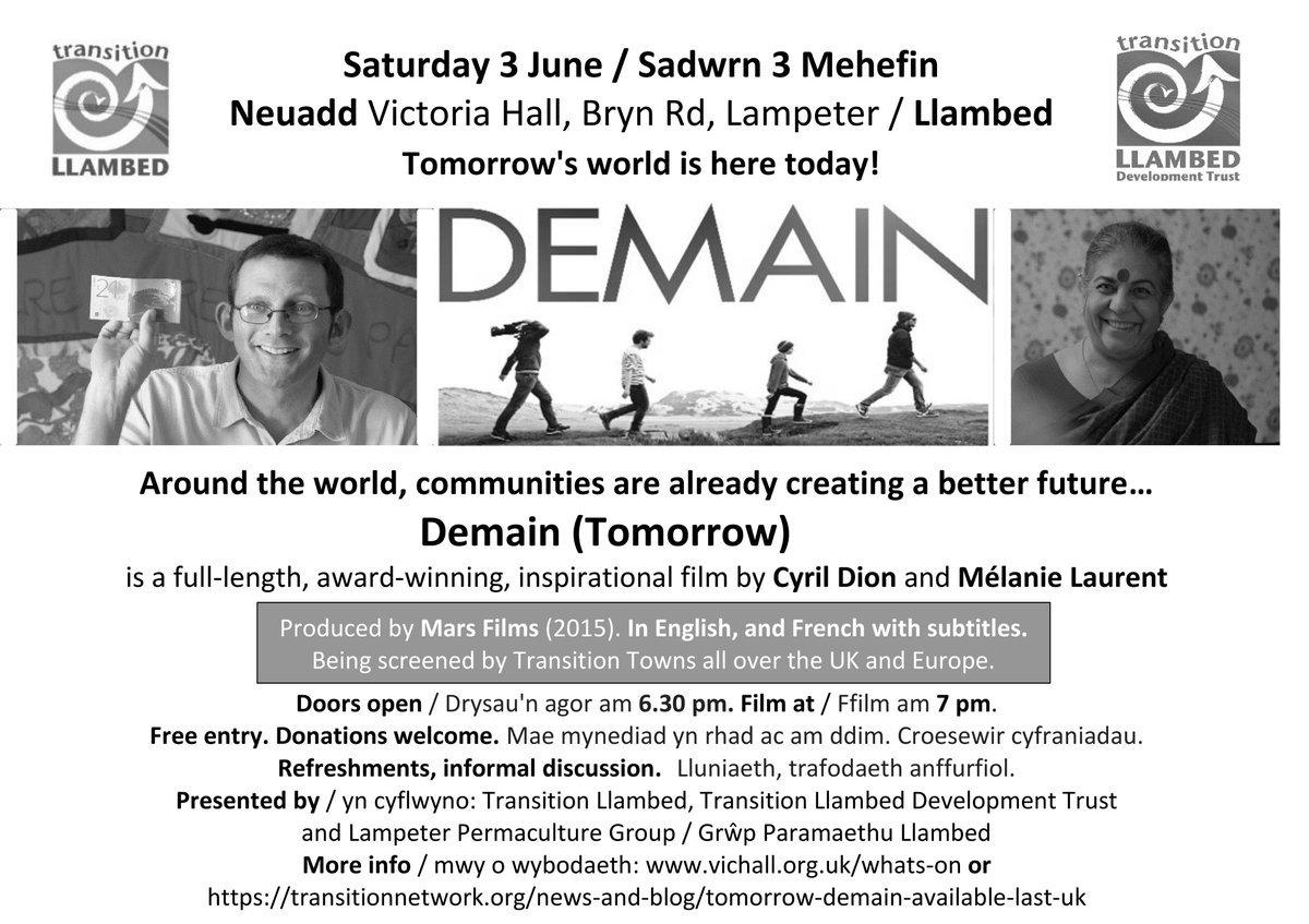 #Transition Llambed (with a new Twitter account) screens #Demain Sat 3 June, Lampeter #Demainfilm All welcome.